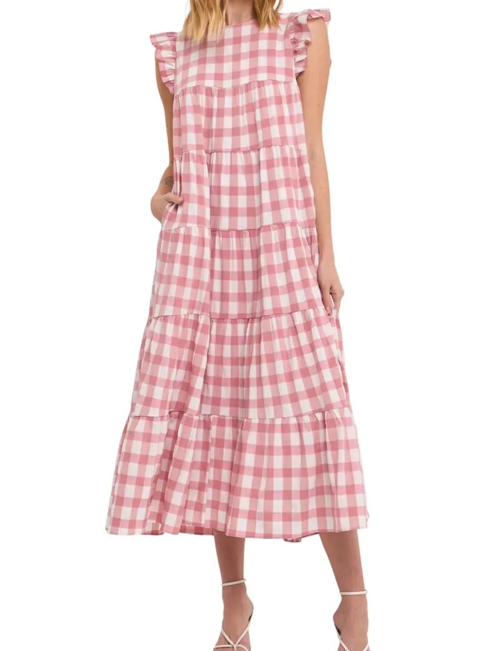 English Factory Pink and White Gingham Tiered Dress